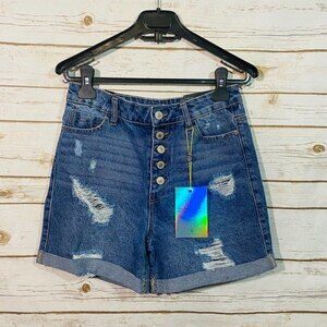 Elite Jeans High Rise Mum Shorts Size 5/27 Blue Distressed Tapered Leg